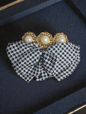 Deborah Rhodes 100% Silk Black & White Houndstooth Bow Faux Pearl Barrette